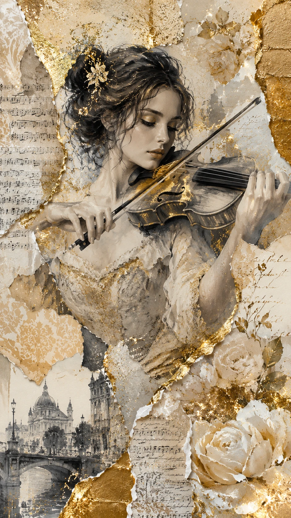 Mulher elegante tocando violino em colagem de mídia mista