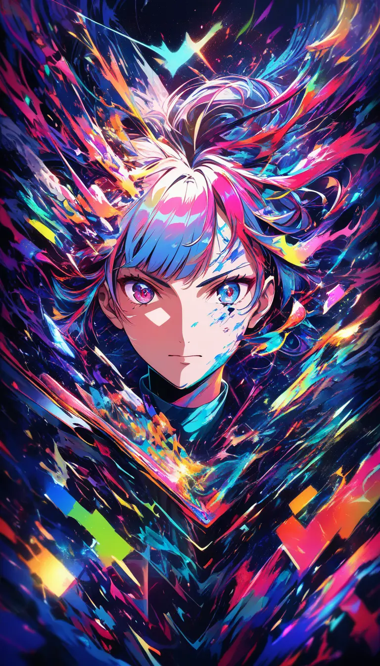トリプル露光グリッチ効果とネオン発光のアニメポートレート