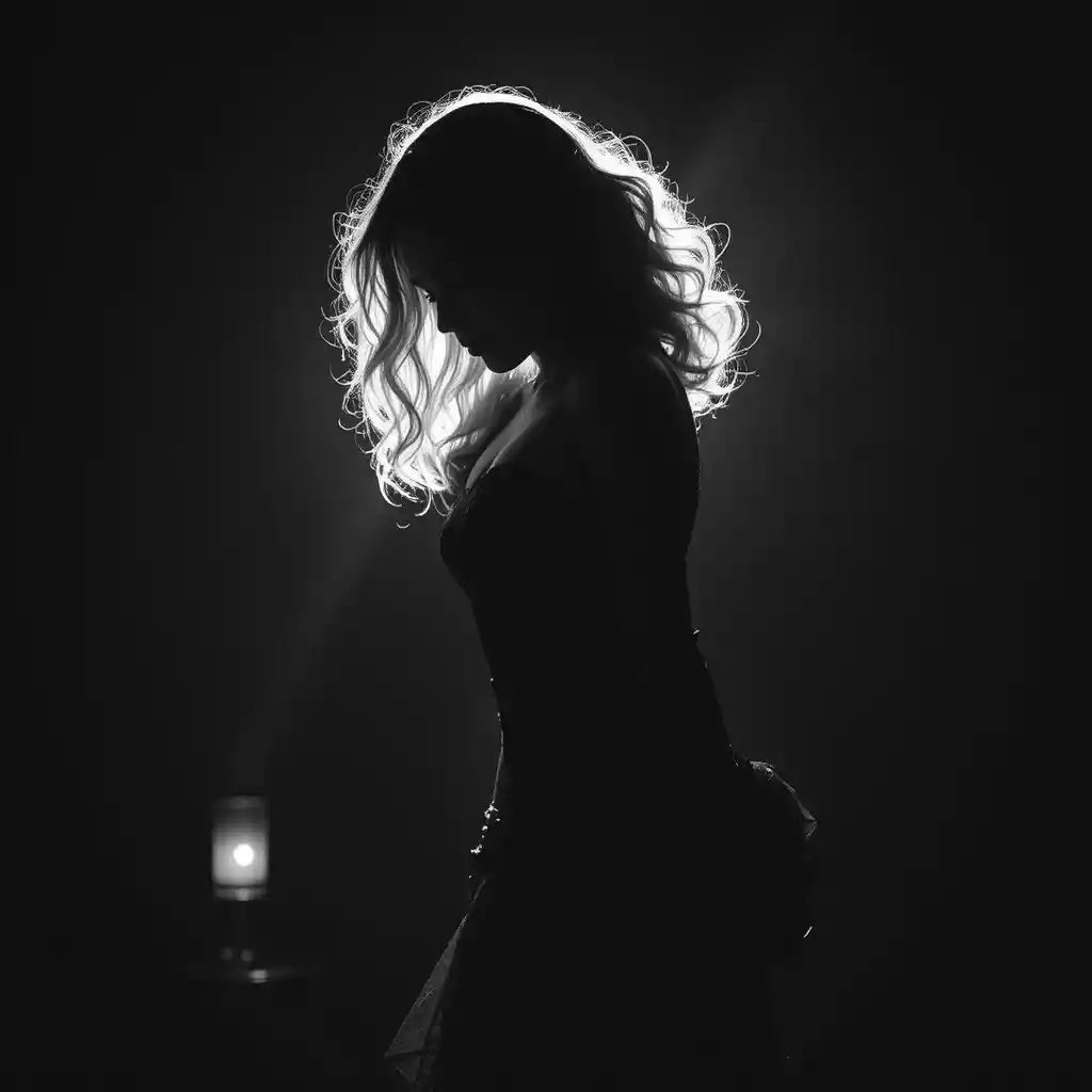 Mulher em contra‑luz com vestido costas nuas e silhueta com halo dramático
