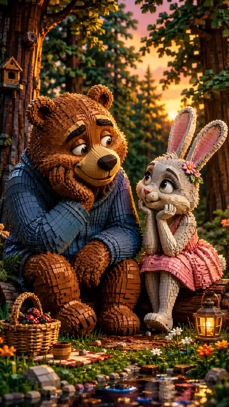 Tenero couple 3D di orso e lepre in una foresta tranquilla