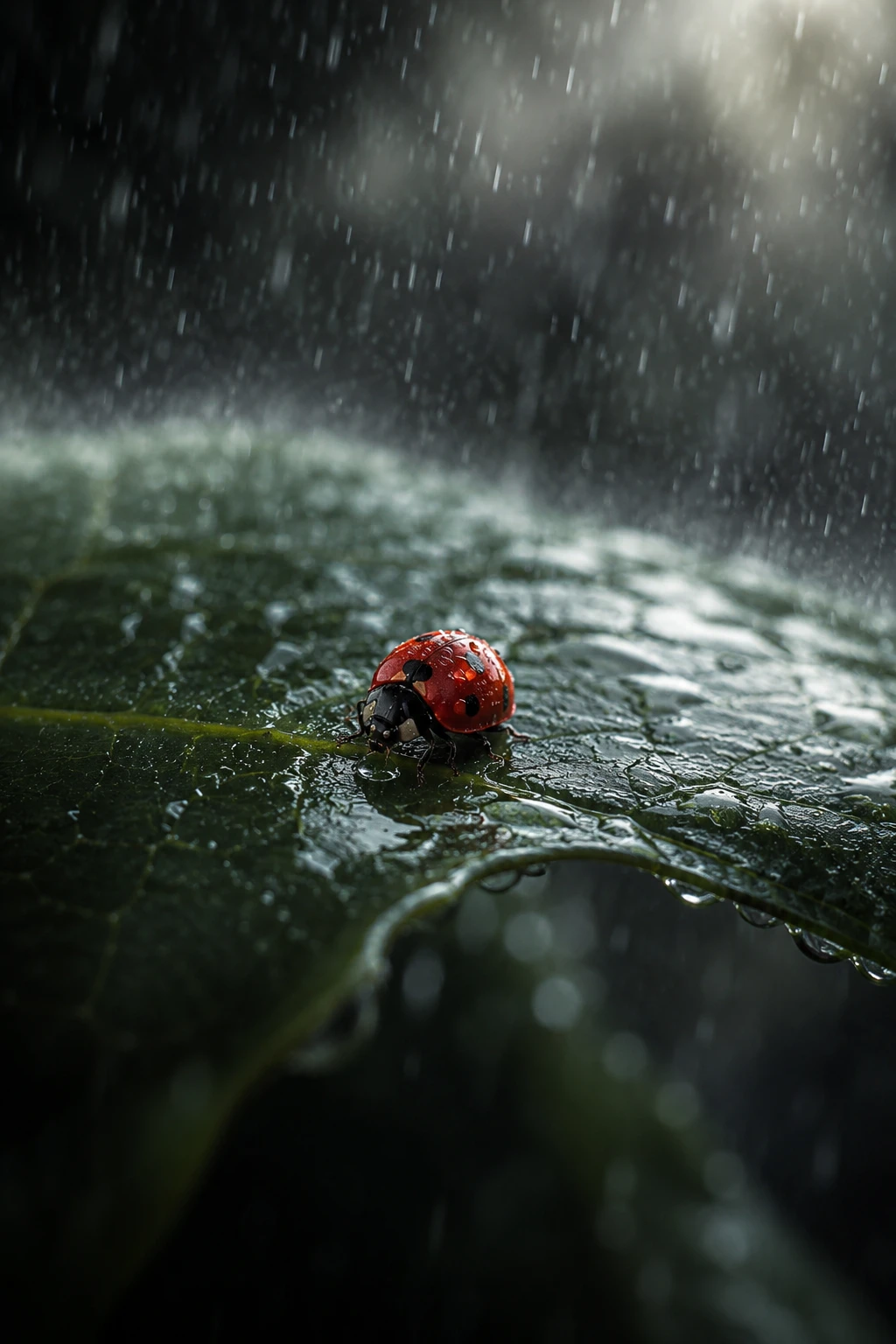 Marienkäfer auf nassem grünen Blatt im sanften Regen