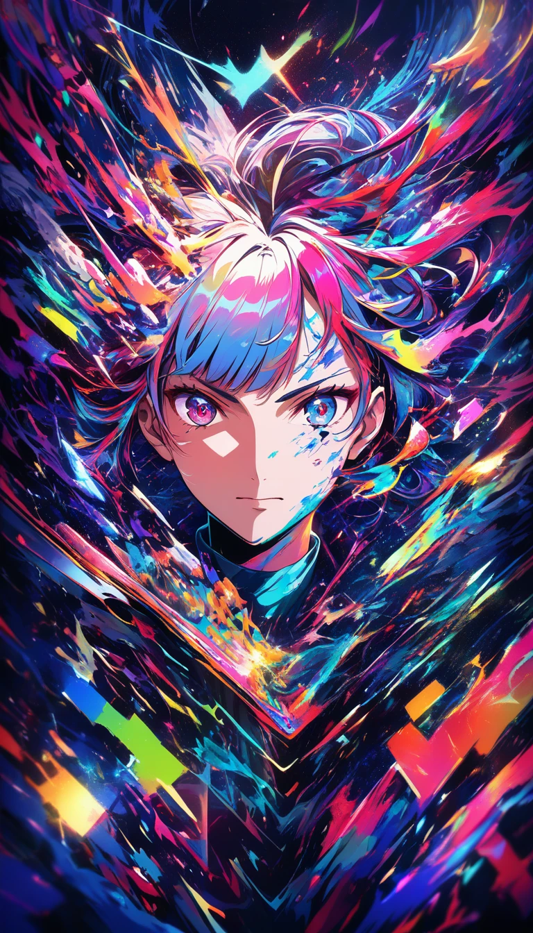 Retrato de anime com efeito glitch de tripla exposição e brilho neon