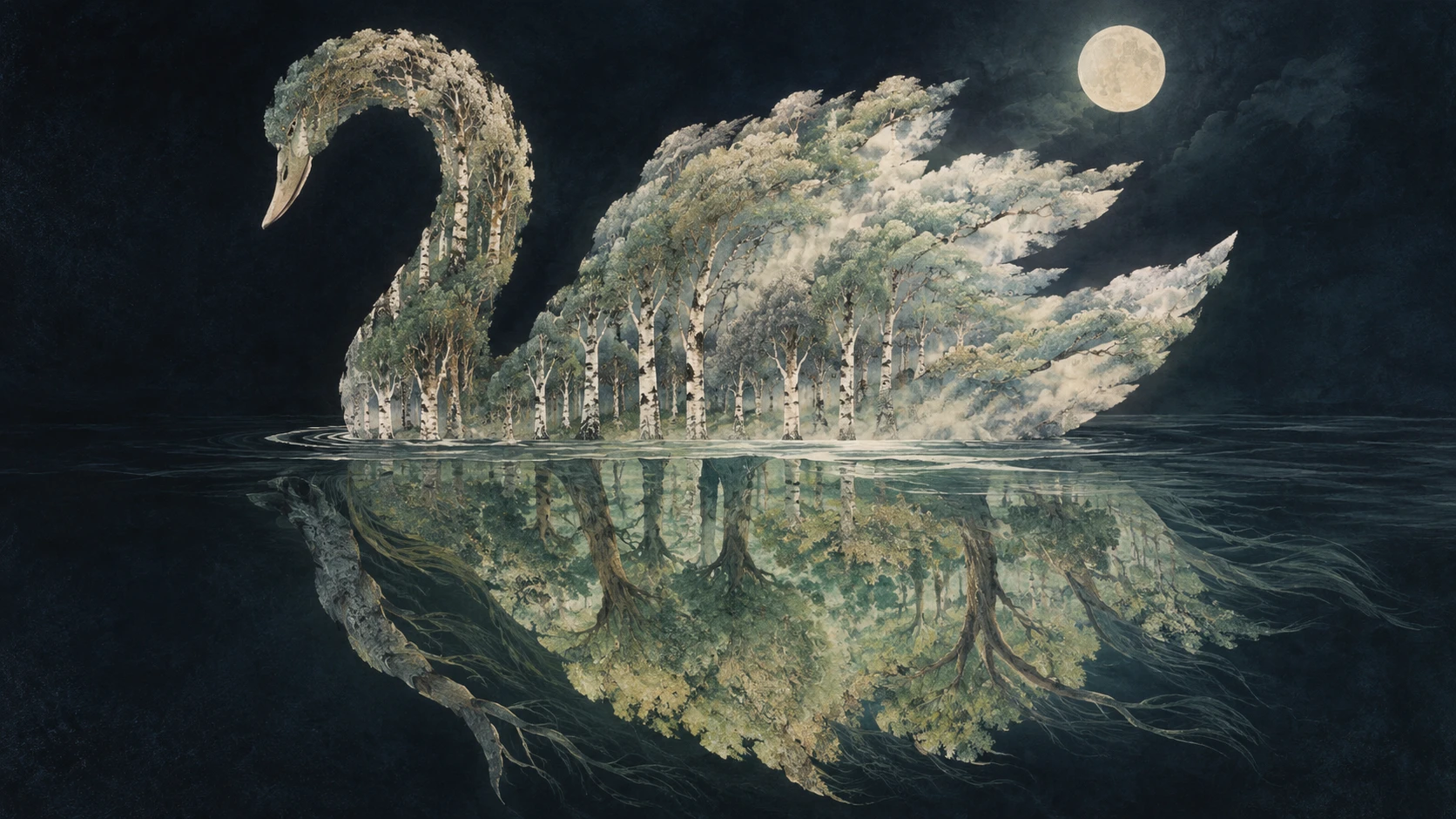 Cygne surréaliste d’arbres dérivant sur une eau sombre au clair de lune
