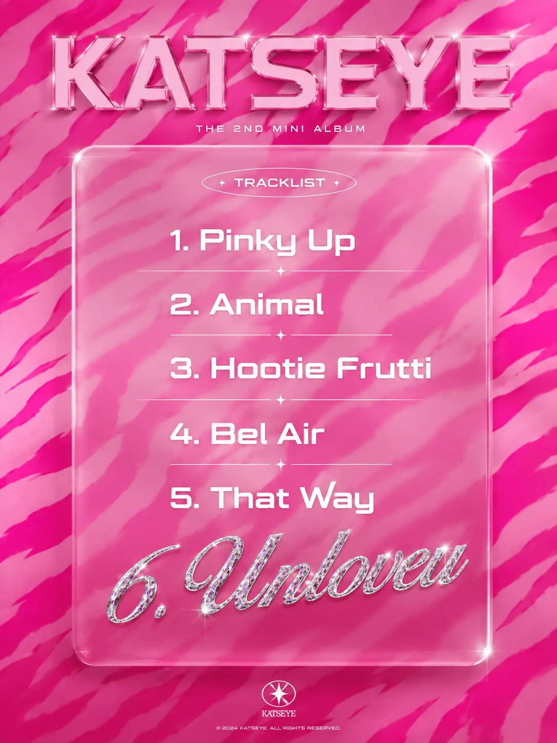 Affiche de tracklist d’album K‑pop rose néon avec panneau en verre
