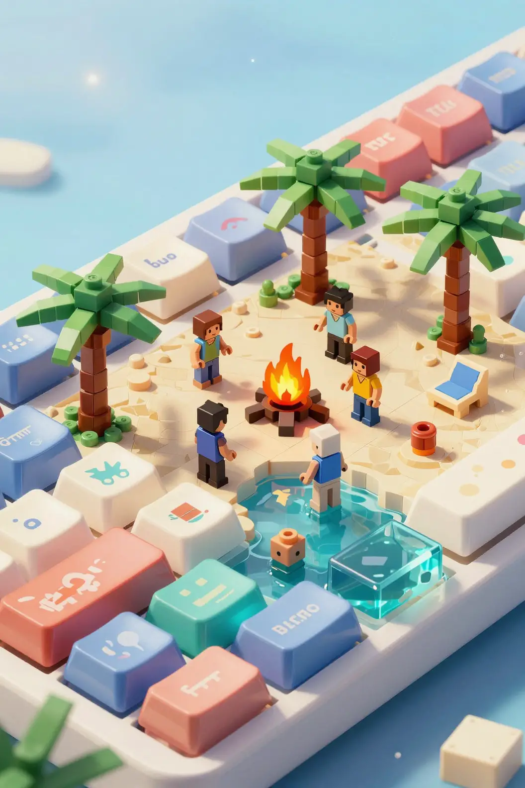 Festa na praia em miniatura escondida dentro de uma keycap retrô