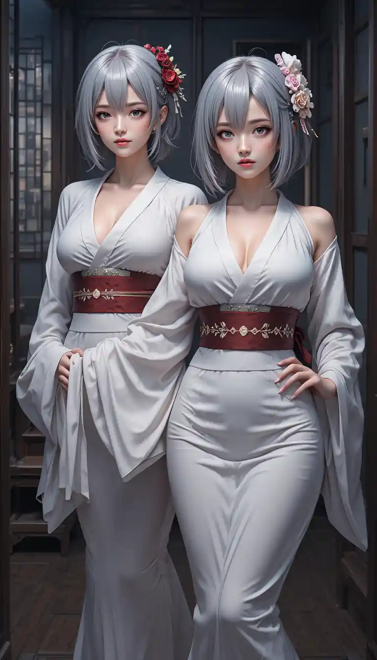 Femme d’anime en kimono blanc dans une pièce en bois sombre