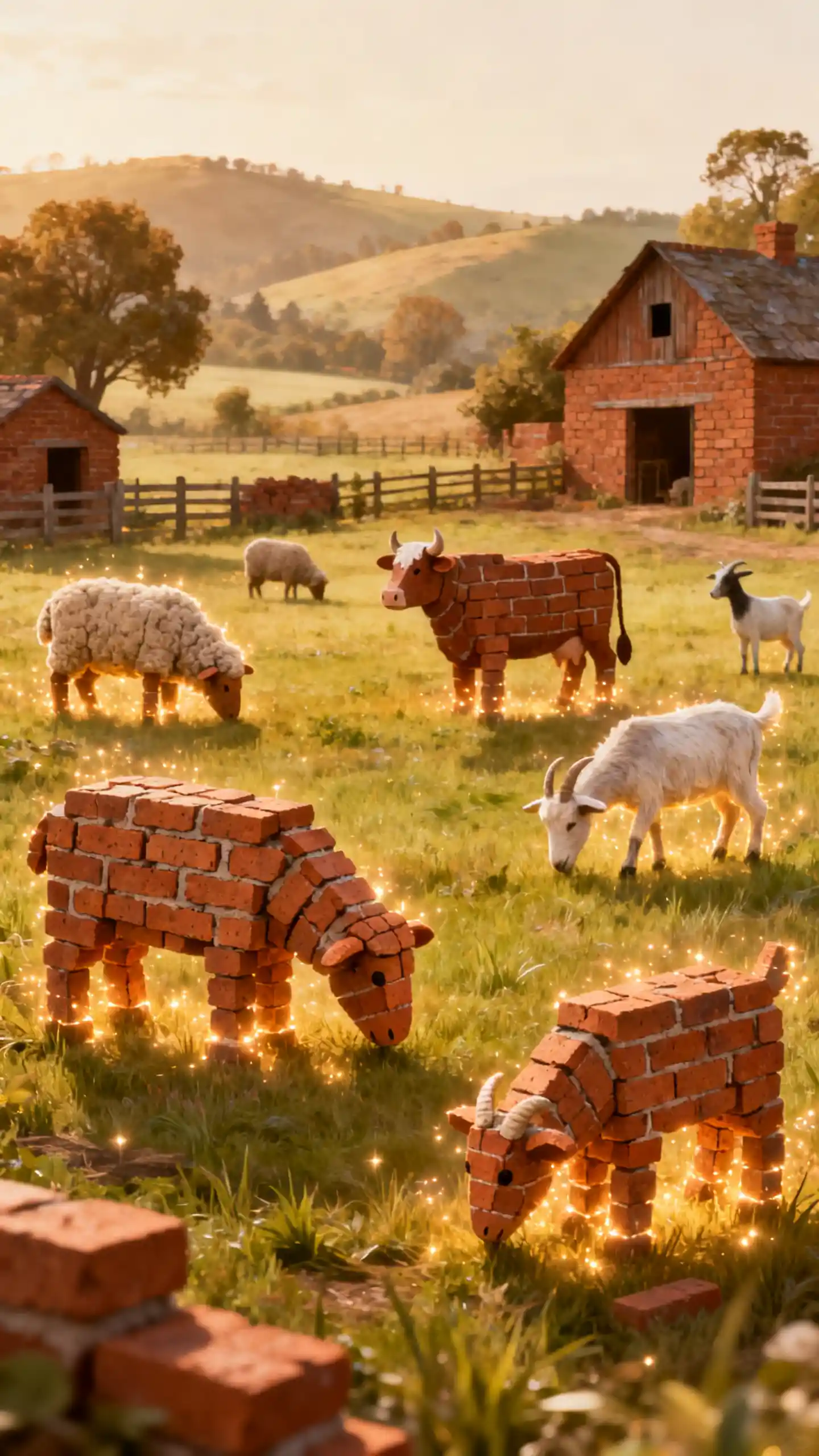 Verzauberte Backstein-Landschaft mit weidenden Nutztieren