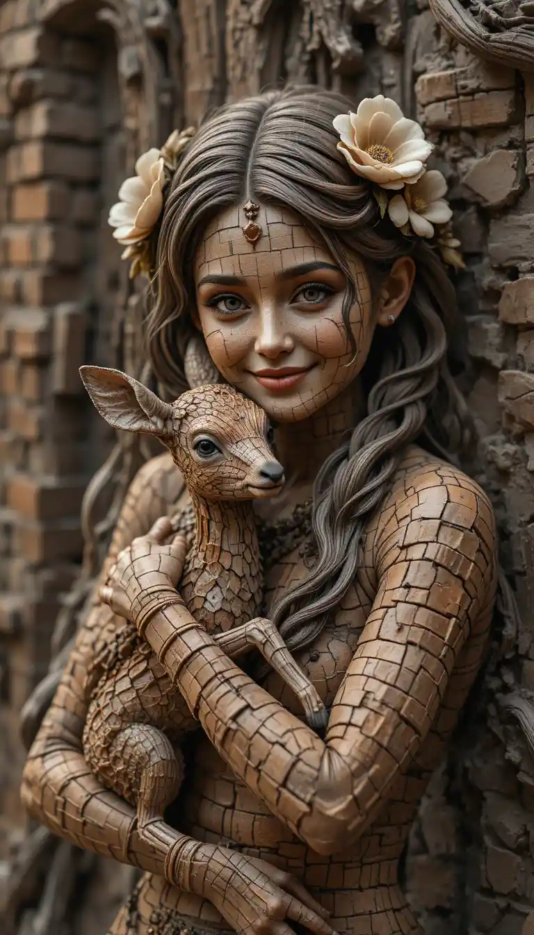 Lächelnde Frau hält ein sanftes Rehkitz in einem Fantasy-Wald