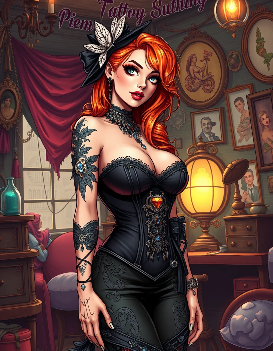 Tatuadora pin-up radiante em estúdio loft gótico