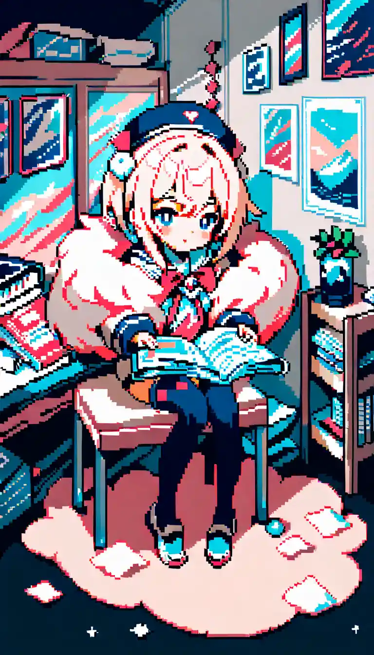 Adorable fille d’anime en pixel art lisant sur une table