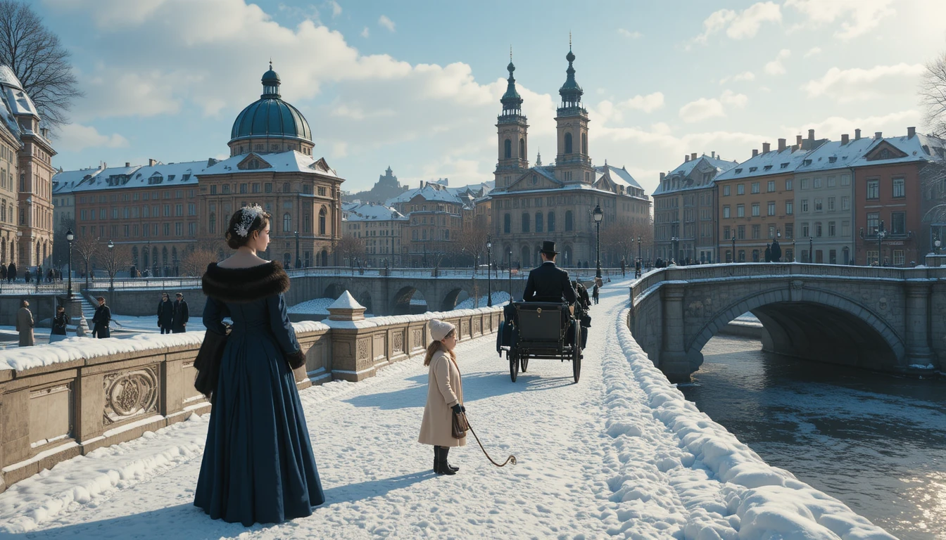 Mujer elegante en puente nevado de ciudad histórica invernal