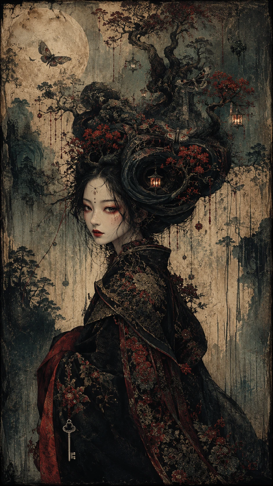 Retrato surreal de mulher com penteado de floresta noturna