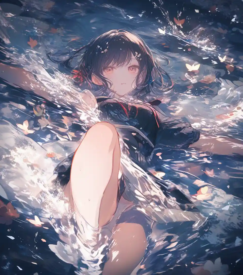 Anime girl lying in shallow water full body character view