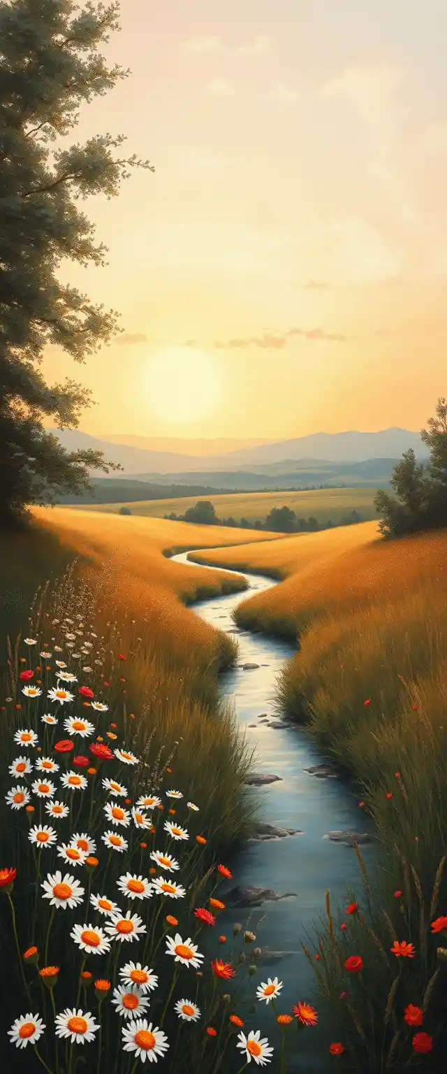 Prairie impressionniste au coucher du soleil avec ruisseau sinueux et réfléchissant