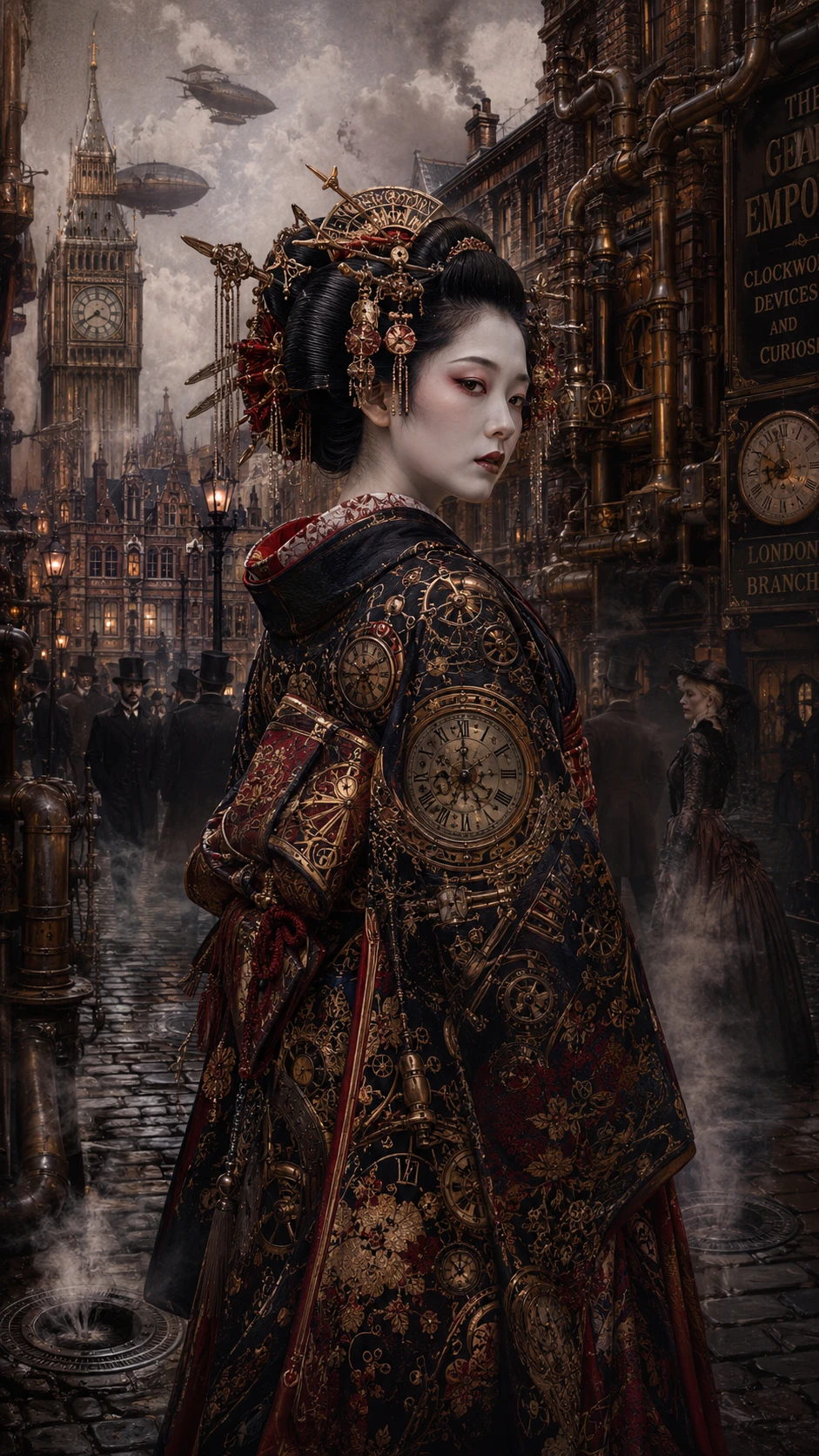 Élégante geisha en kimono steampunk dans une rue de ville victorienne