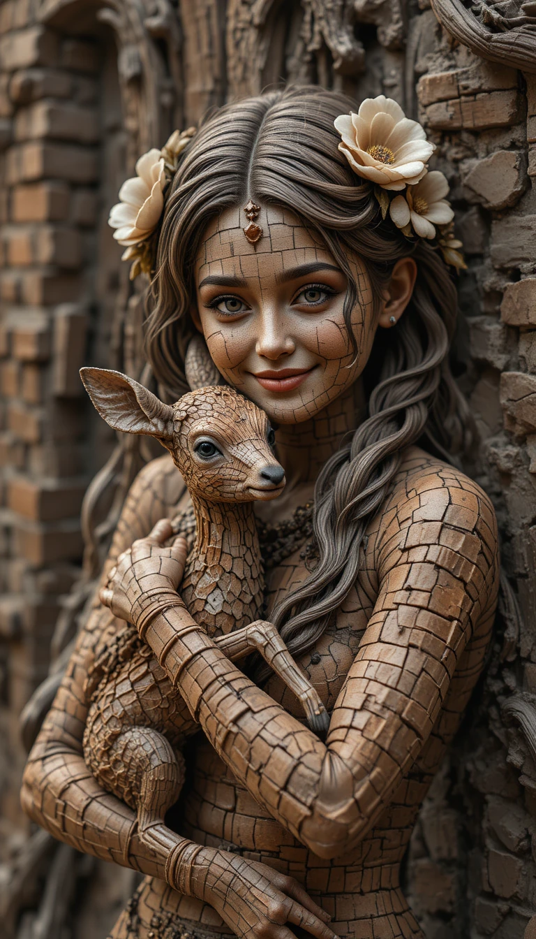 Mujer sonriente sosteniendo una dócil cervatilla en un bosque de fantasía