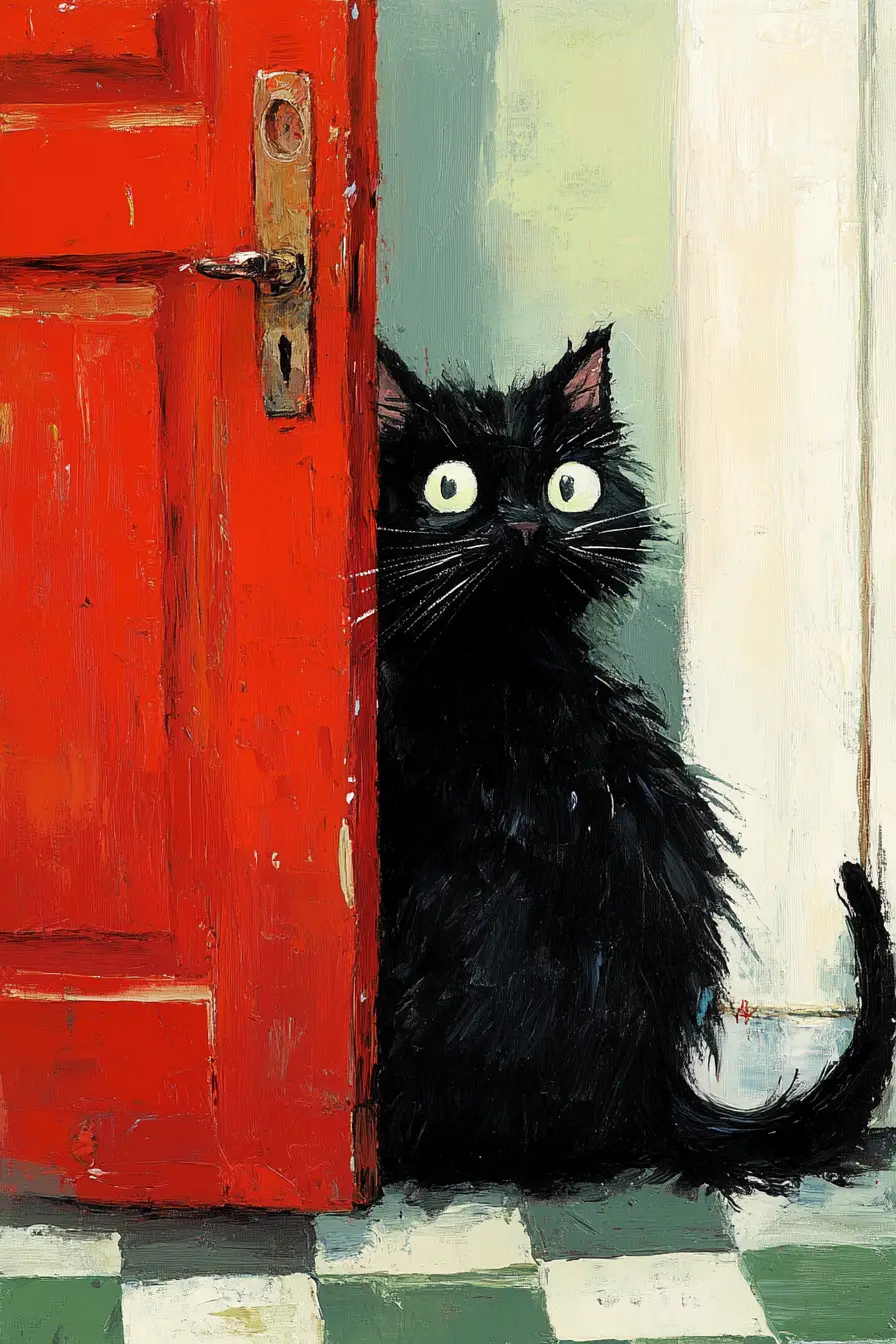 角落裡大膽紅門旁的童趣黑貓