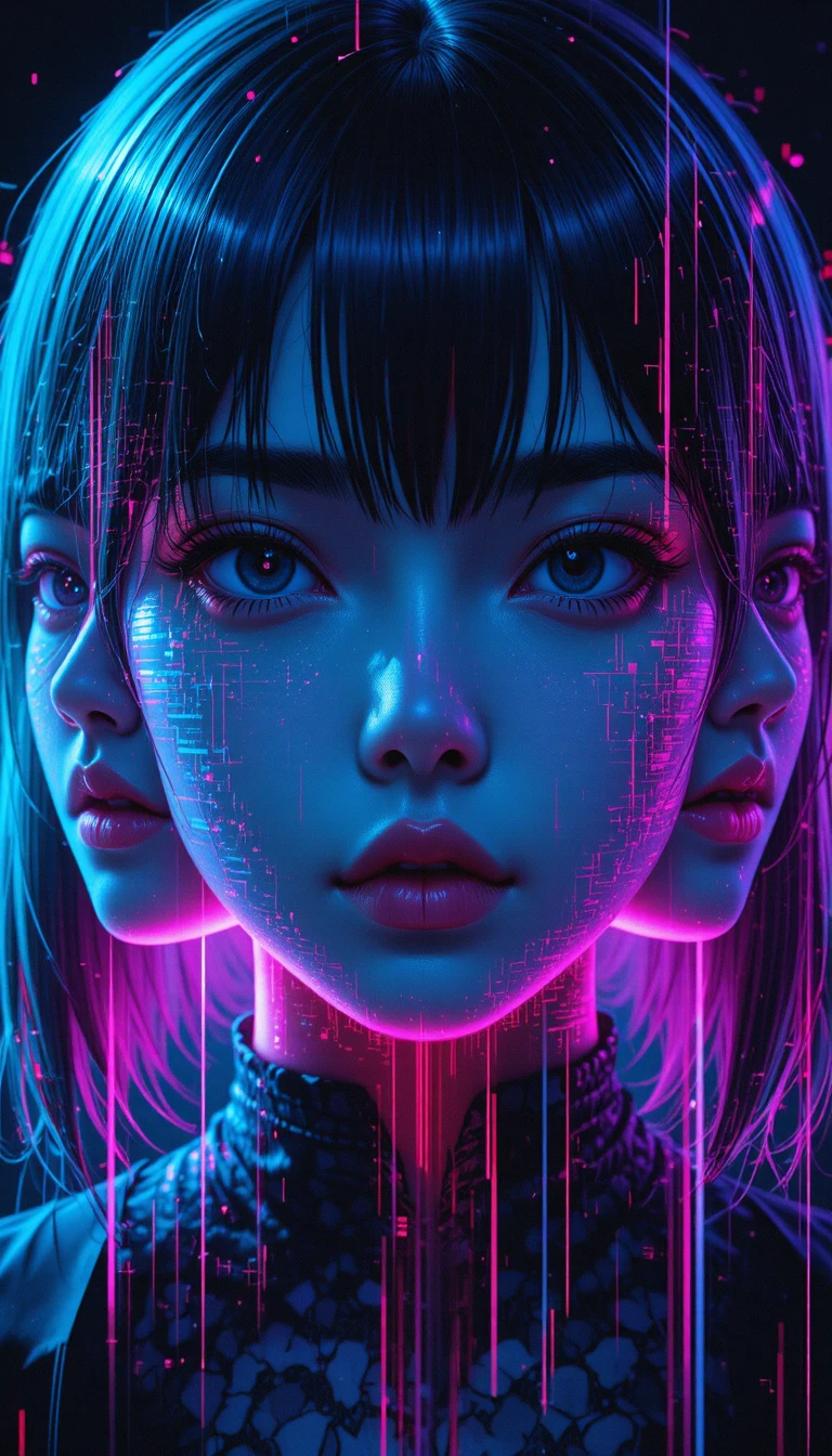 Retrato de garota de anime com rosto em triple exposure com glitch