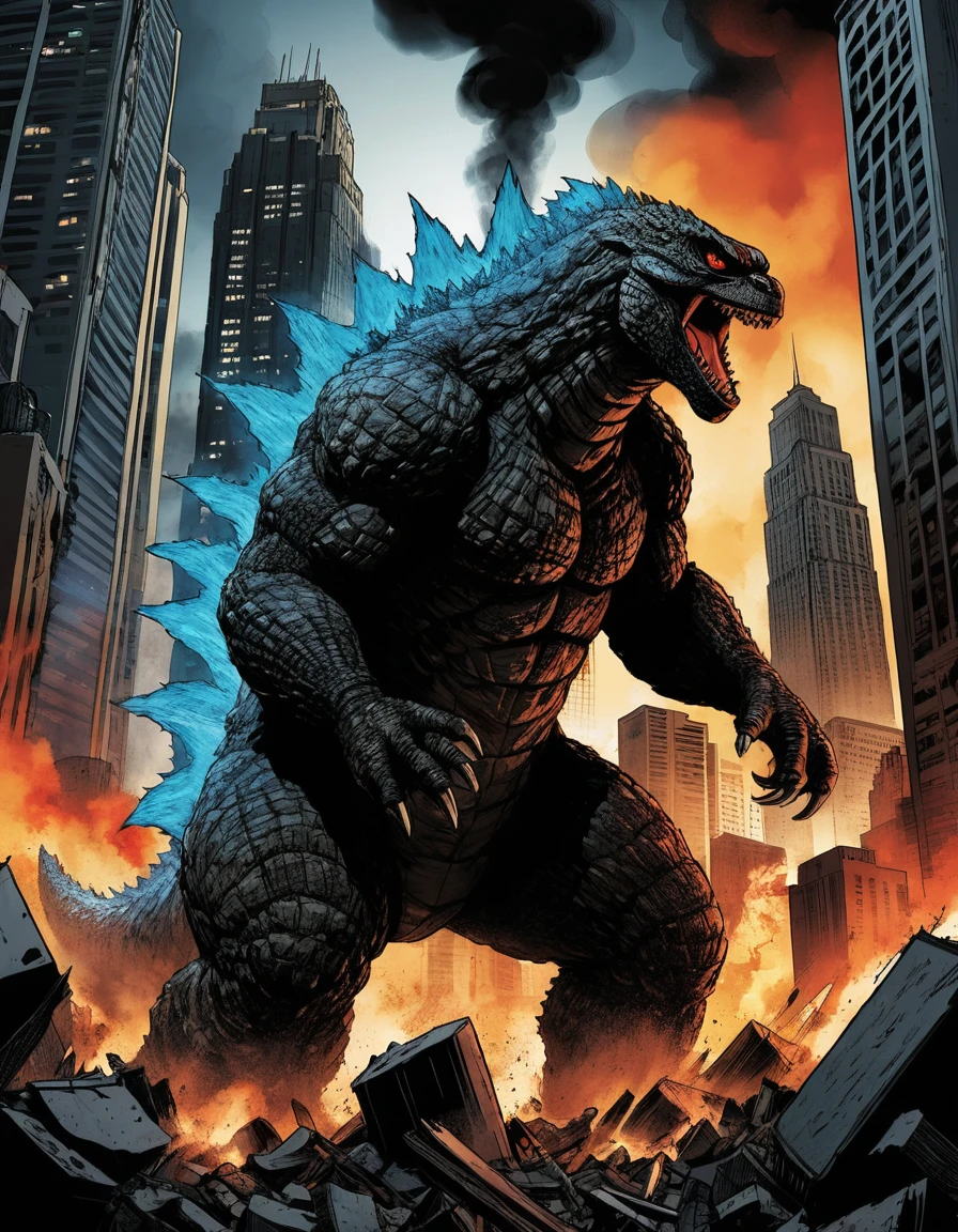 Monstro gigante Godzilla devasta a cidade noturna