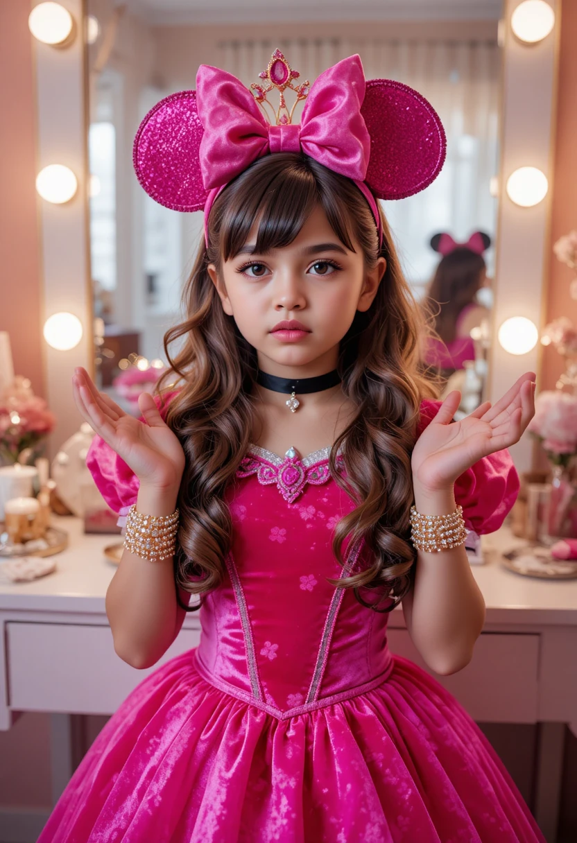 Pré-adolescente nervosa com fantasia de princesa Minnie na penteadeira do quarto