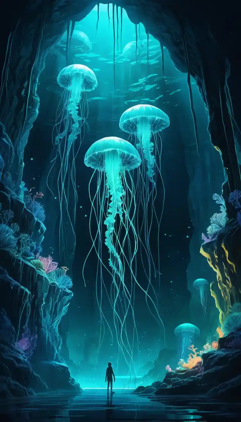 Geheimnisvolle Unterwasserhöhle mit leuchtenden Quallen und Algen