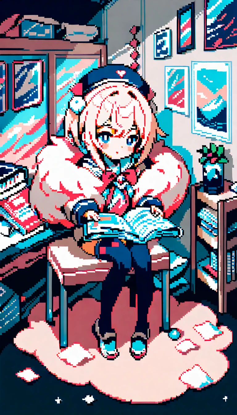 Adorable fille d’anime en pixel art lisant sur une table