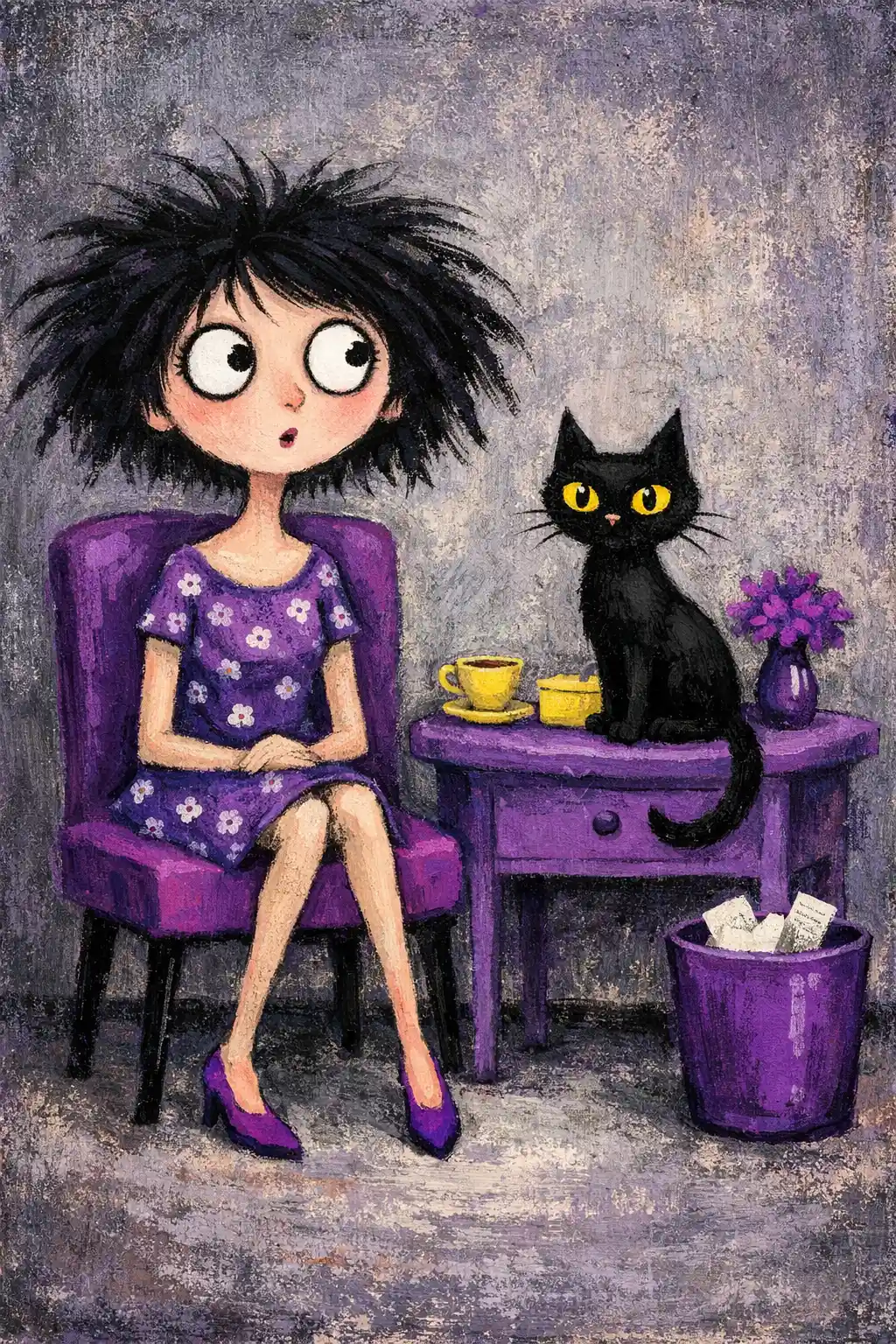Mulher lúdica e gato preto em cena de interior roxa