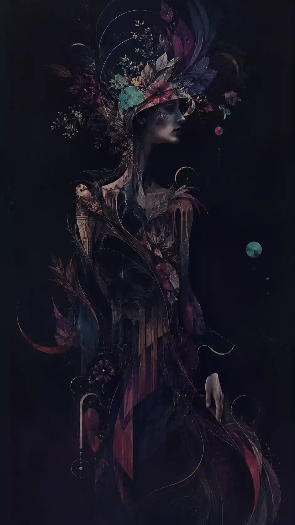 Silhueta feminina surreal formada por fitas no espaço escuro