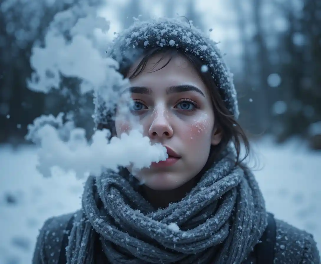 Persona che emette un respiro gelido in un paesaggio invernale innevato
