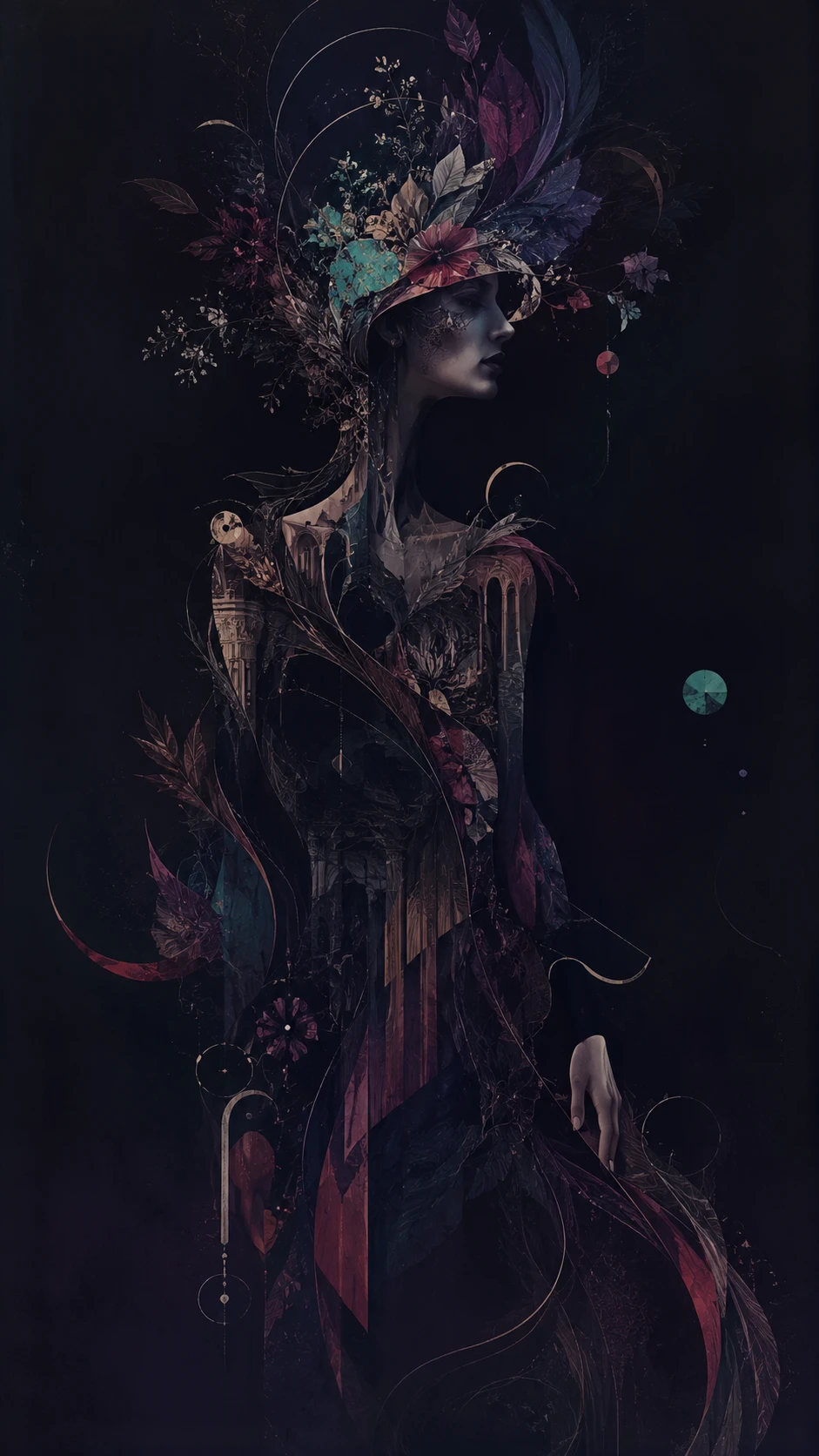 Silhueta feminina surreal formada por fitas no espaço escuro