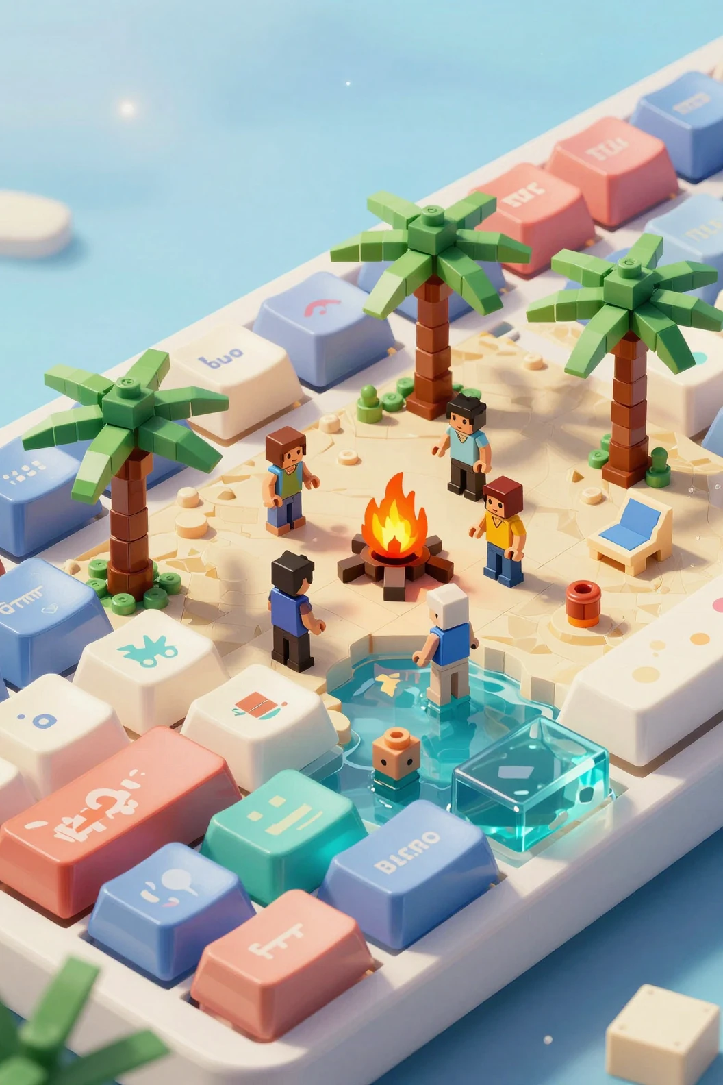 Miniatur-Strandparty im Inneren einer Retro-Tastaturkappe versteckt