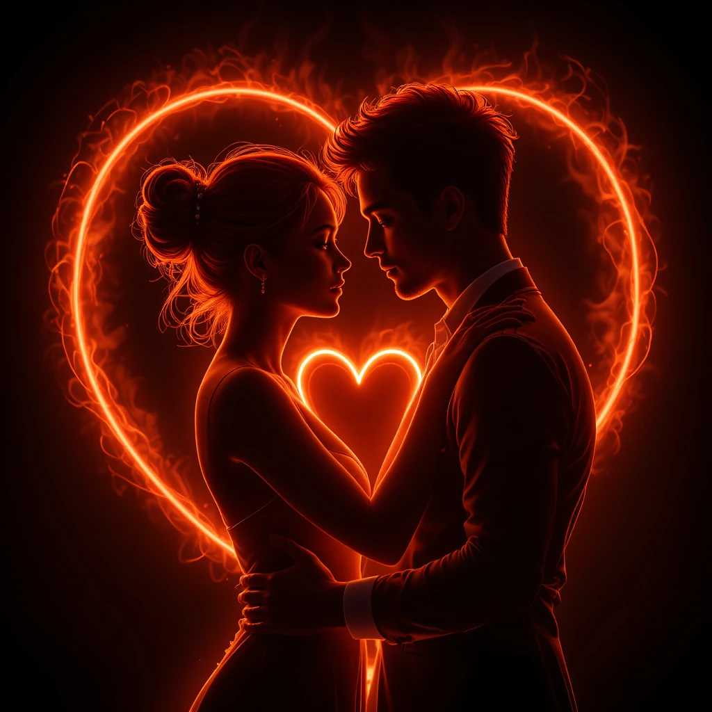 Silhueta em neon de um casal romântico se abraçando em luz radiante