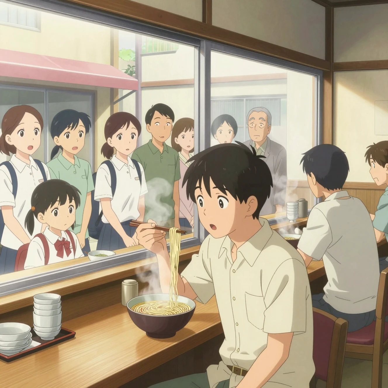 Jovem comendo macarrão em uma aconchegante casa de noodles japonesa