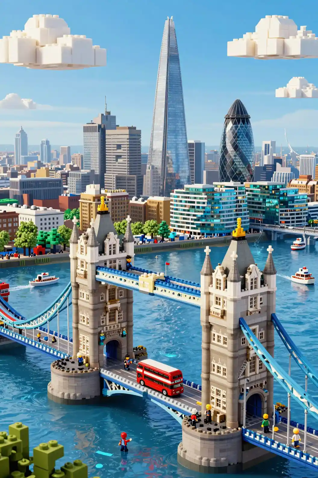 Lego Tower Bridge über der Themse in einer farbenfrohen Londoner Skyline
