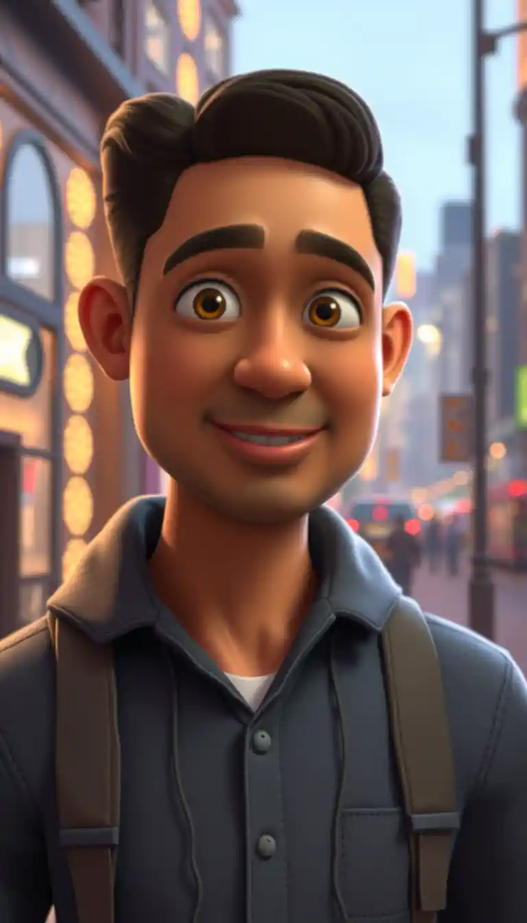 Personagem 3D de homem bem-humorado em cena urbana iluminada