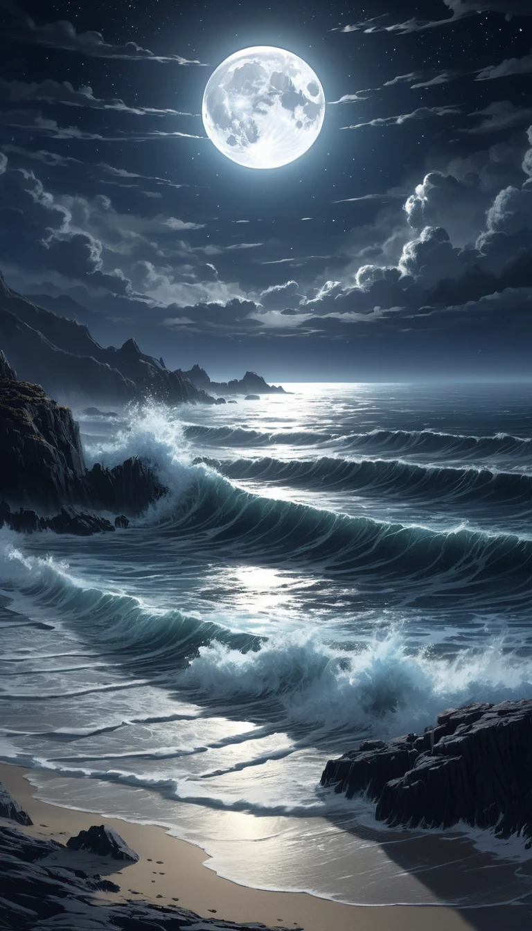 Ondas do oceano ao luar quebrando em uma costa rochosa