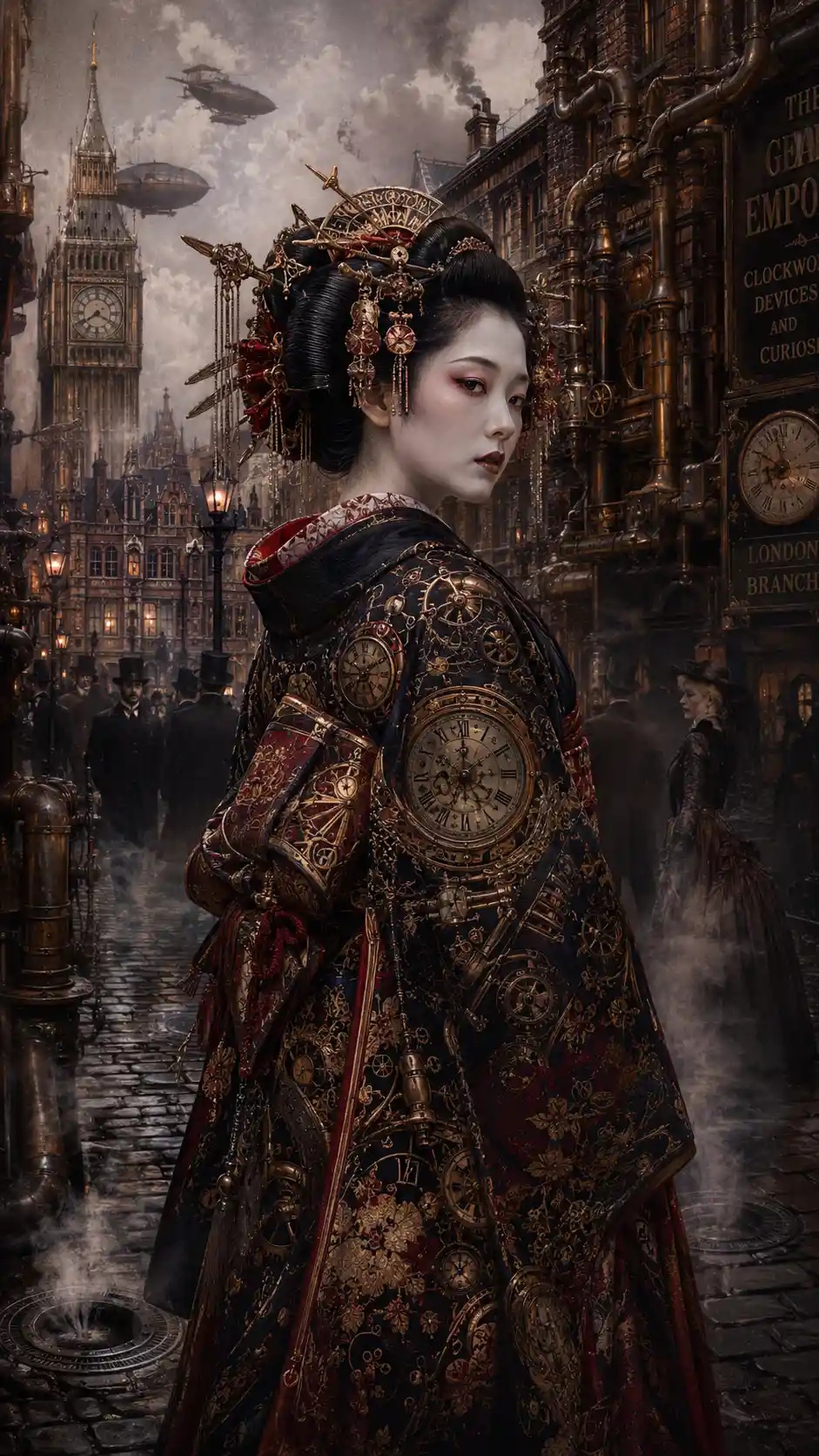 Élégante geisha en kimono steampunk dans une rue de ville victorienne
