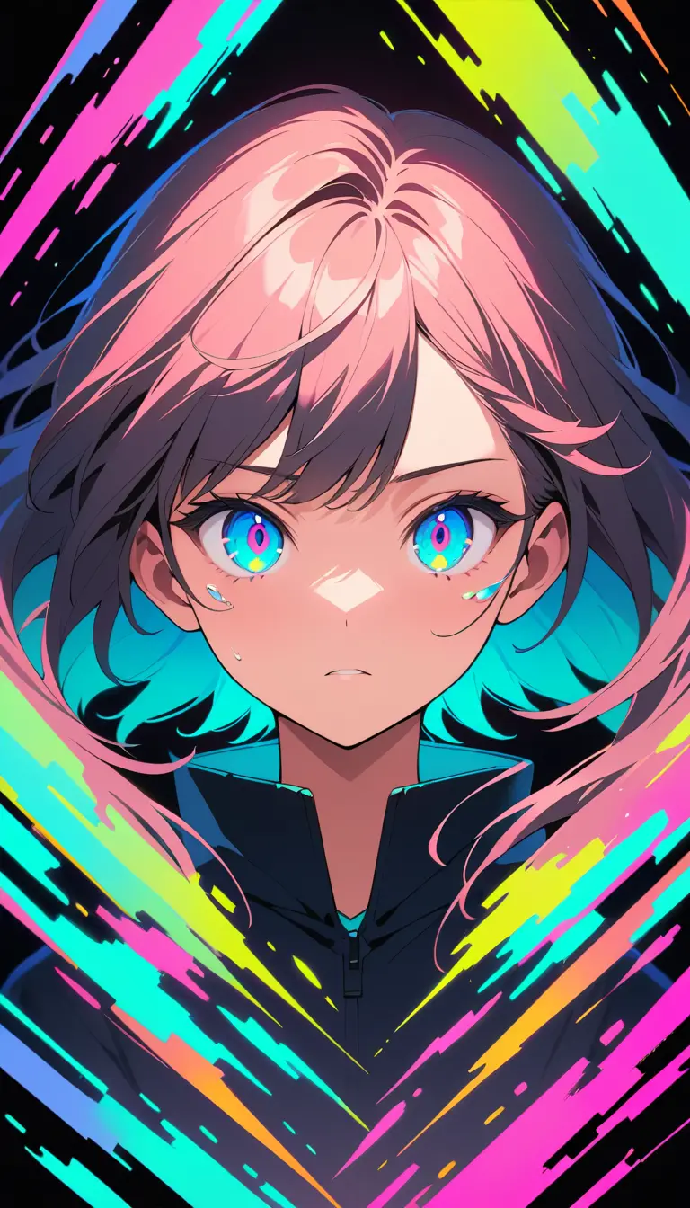 グリッチ三重露光エフェクトのアニメ少女ポートレート