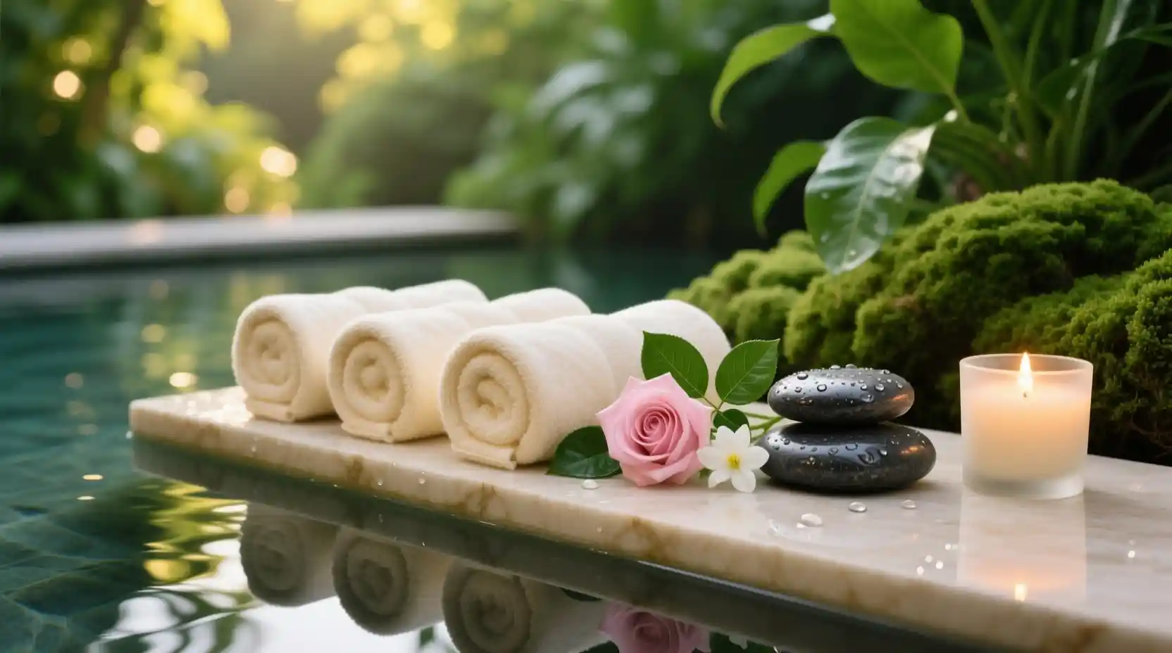 Luxuriöse Spa-Handtücher am spiegelnden Gartenwasser