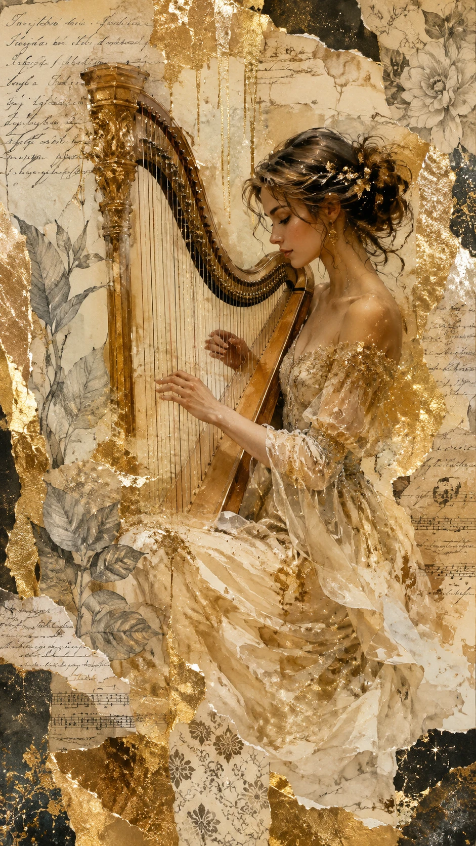 Mulher elegante tocando harpa em obra de arte dourada em mixed media
