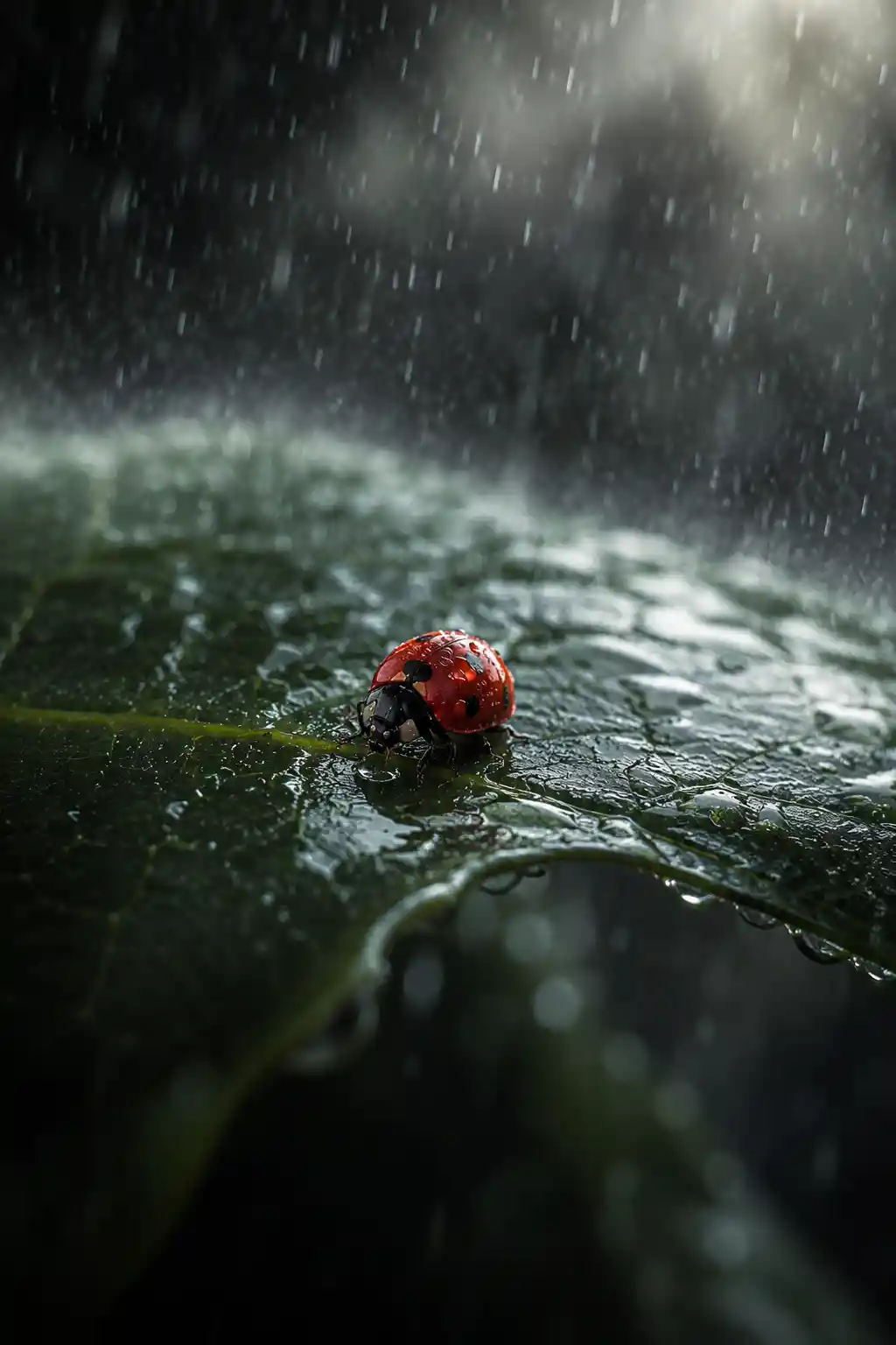 Coccinella su foglia verde bagnata sotto una pioggia leggera