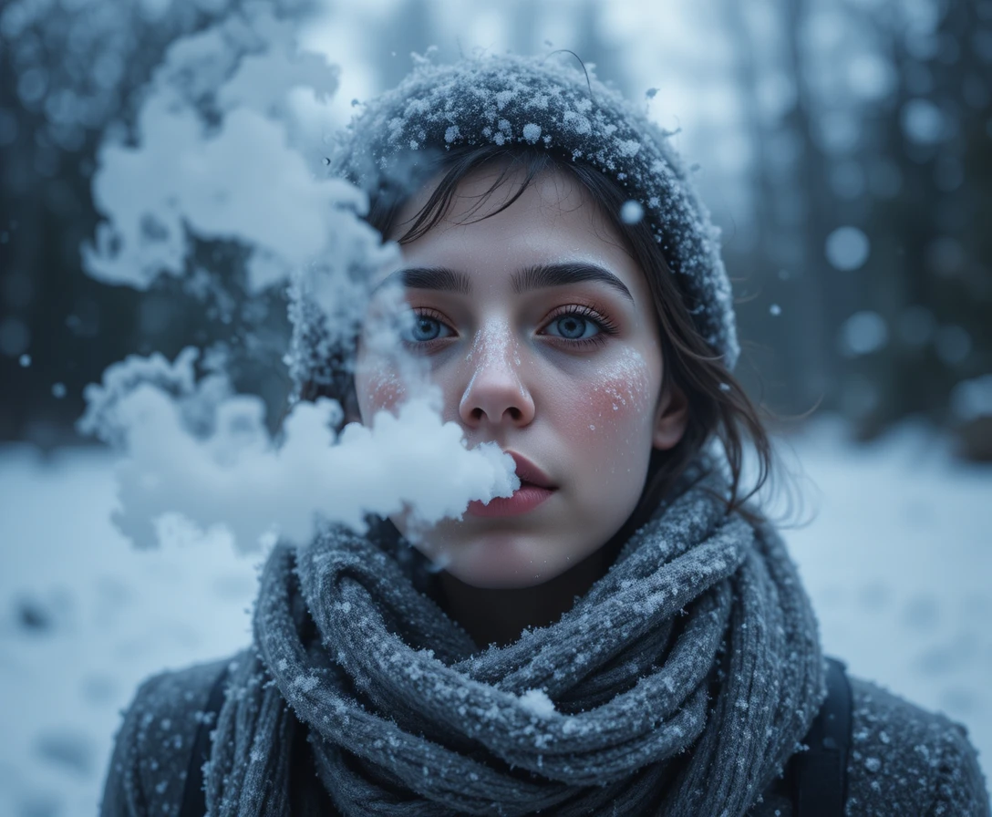 Personne exhalant un souffle glacé dans un paysage hivernal enneigé