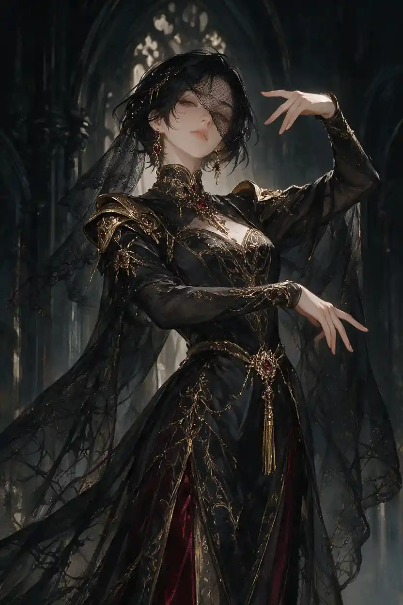 Mujer aristocrática gótica posando en una catedral oscura