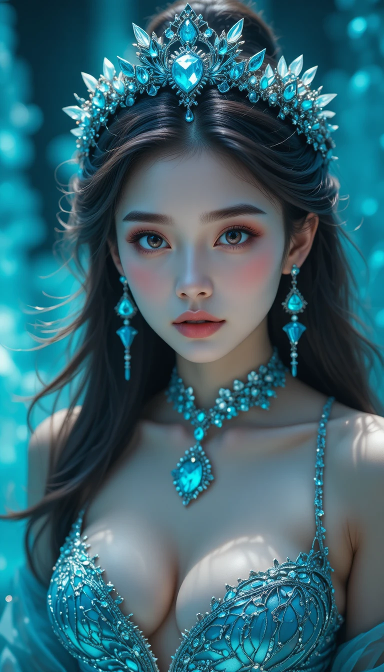 Princesse d’anime envoûtante dans un royaume fantastique de cristaux turquoise