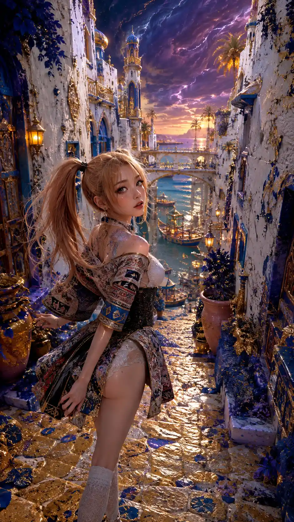 狹窄奇幻巷弄中驚訝的動漫少女
