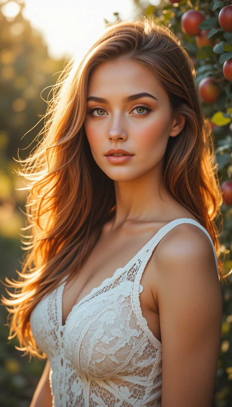 Supermodella dai capelli ramati al sole con top di pizzo bianco
