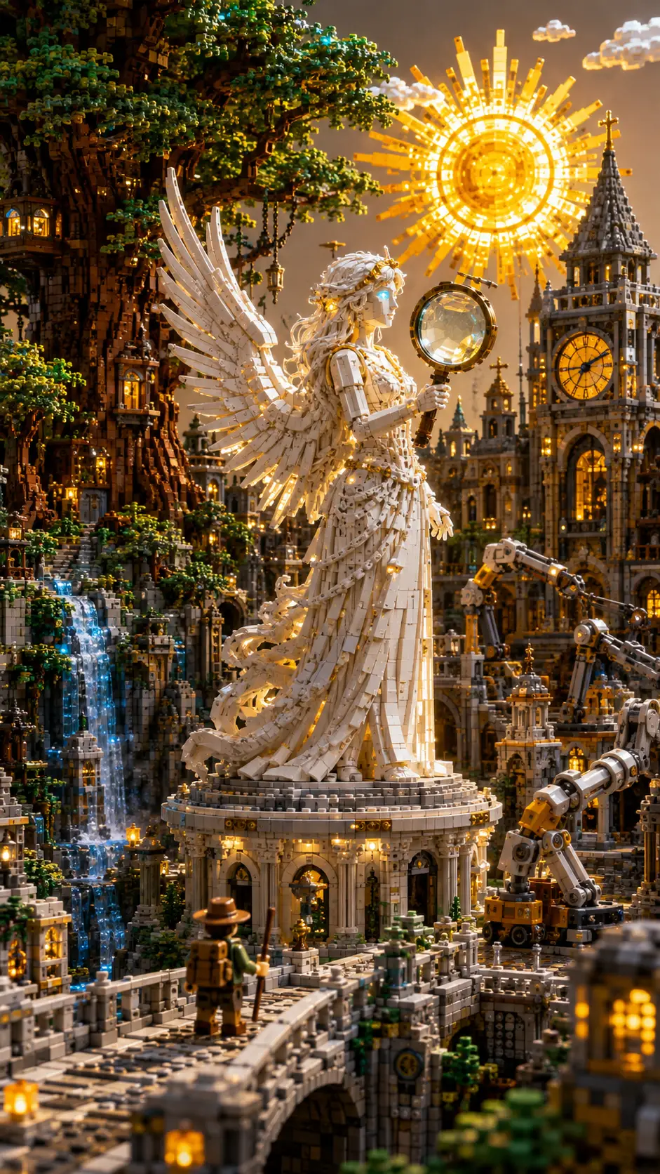 Geflügelte Ziegelfrauen-Statue in leuchtender Fantasiestadt