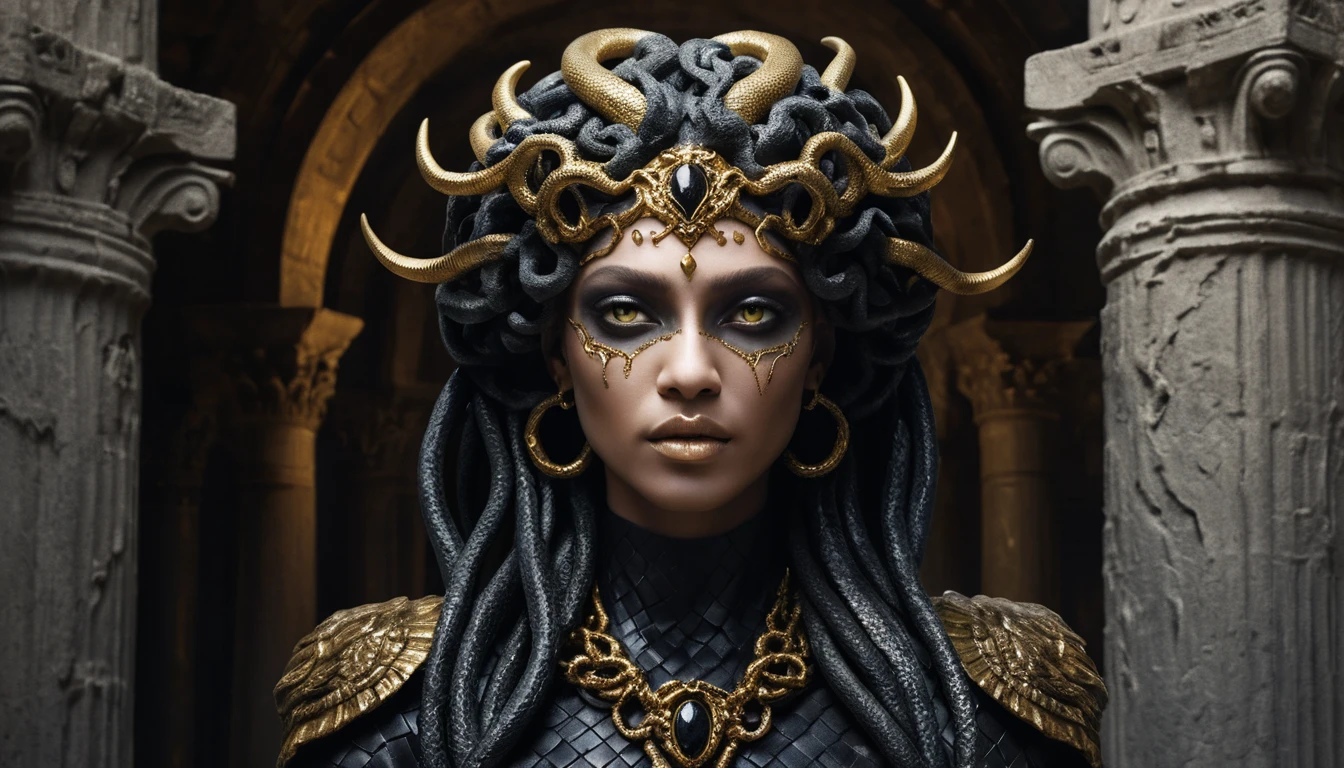Majestuosa Medusa andrógina frente a antigua columna gótica