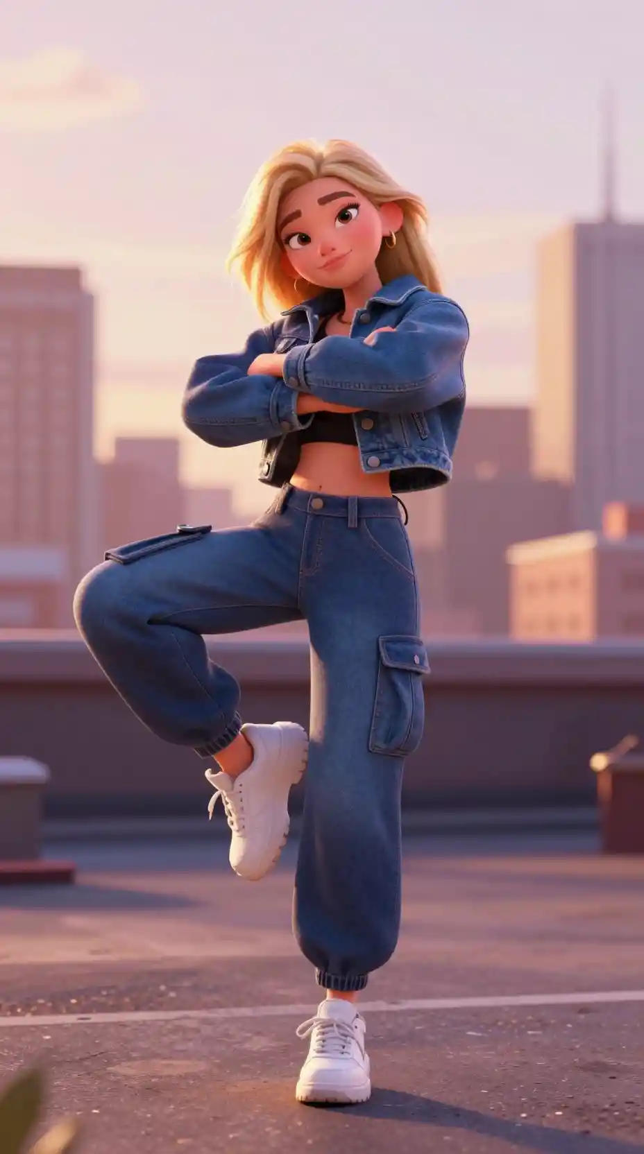 Young girl dancing on urban rooftop at golden hour