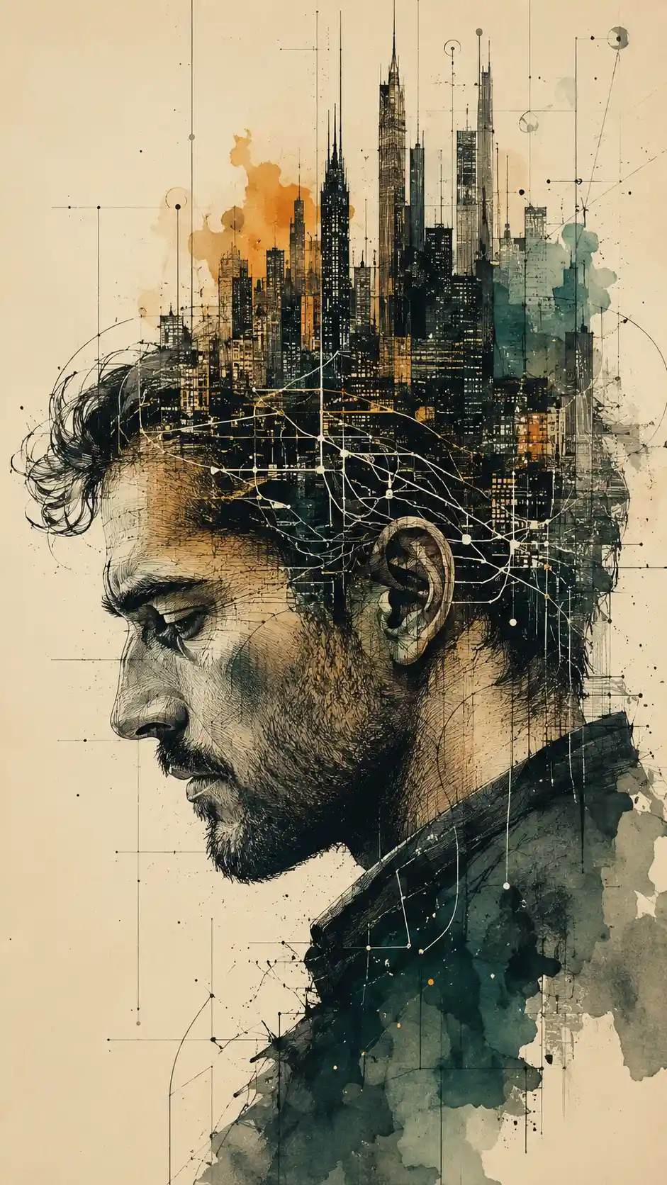 Retrato surreal de perfil de un hombre con pensamientos en forma de ciudad
